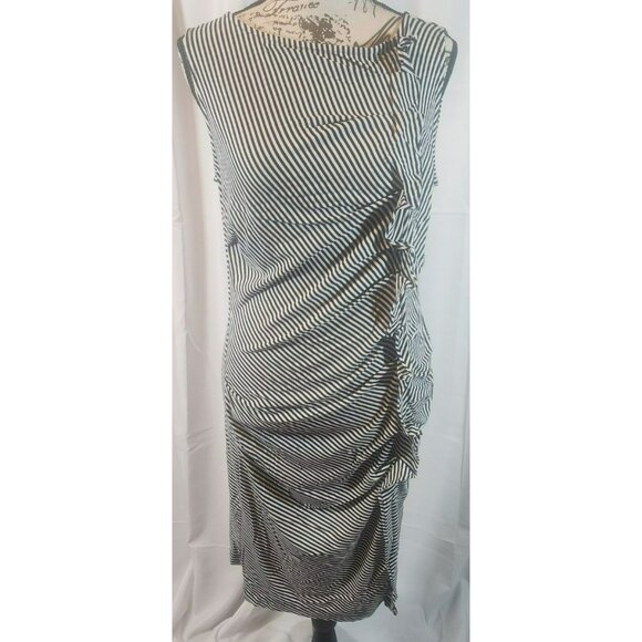 Ann Taylor Black & White Striped Sleeveless Ruched‎ Midi Dress - Picture 1 of 7